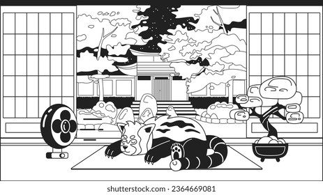 Sleeping bear black and white cute chill lo fi wallpaper. Red panda chilling near fan linear 2D vector cartoon characters illustration, monochrome lofi anime background. Bw 90s kawaii aesthetic