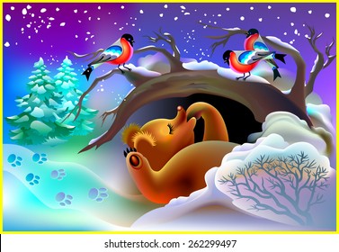 Sleeping bear in a cave during winter, vector cartoon image