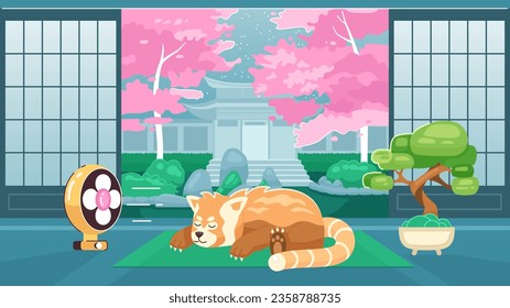 Sleeping bear cute chill lo fi wallpaper. Japanese interior. Relaxing. Red panda chilling near fan 2D vector cartoon characters illustration, lofi anime background. 90s kawaii aesthetic, dreamy vibes