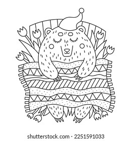 Sleeping bear with funny hat. Cute animal on the bed with blanket. Spring flowers. Funny coloring page for kids. Cartoon vector illustration. Isolated on white. outlined drawing. Hand drawn artwork