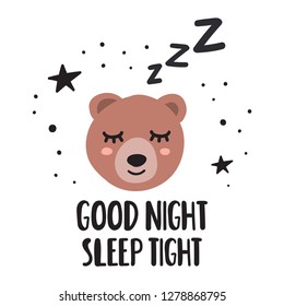 Sleeping bear, good night sleep tight. Hand drawn icon with lettering. Vector illustration for greeting card, textile t shirt, print, stickers, posters design.