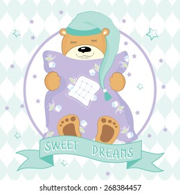 Sleeping bear in a green cap. Vector illustration.