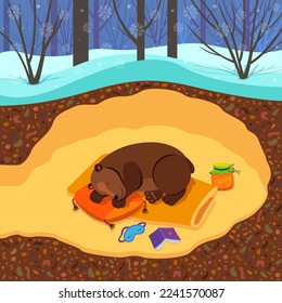 Sleeping bear illustration. Winter hibernation of a bear in a cozy den, a blanket, a pillow and honey. Soil section with a view of the bear's lair in winter. Vector flat cartoon illustration