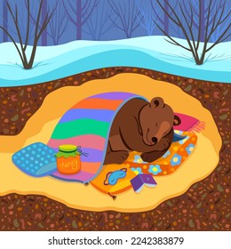 Sleeping bear illustration. Winter hibernation of a bear in a cozy den, a blanket, a pillow and honey. Soil section with a view of the bear's lair in winter. Vector flat cartoon illustration