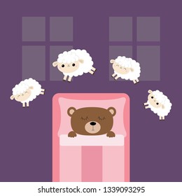 Sleeping bear. Jumping sheeps. Cant sleep going to bed concept. Counting sheep. Cute cartoon kawaii baby animal set. Blanket pillow room two windows. Flat design. Violet background. Isolated. Vector