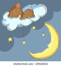 Sleeping bear on a cloud with moon and stars