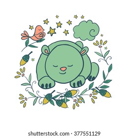 Sleeping bear on the grass, mom and baby bunny rabbit in its burrow. Sleeping bird on a tree in the night forest. 