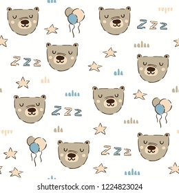  Sleeping bear seamless pattern with star and ball. Background for night. Kids textile, wrapping, decoration. Vector illustration.