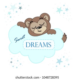 Sleeping bear vector illustration. Cartoon print. Design for kids t-shirt