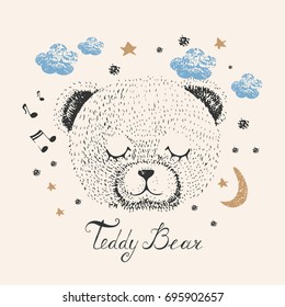 sleeping bear,hand drawn vector illustration.can be used for kid's or baby's shirt  design,fashion graphic, kids wear, baby shower card,celebration card,greeting card, invitation card