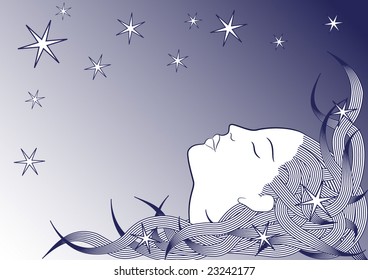 Sleeping beautiful girl with long hair at the starry night