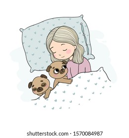 Sleeping beautiful young girl and a cute pugs. Funny Favourite pet puppy under blanket. Vector illustration.