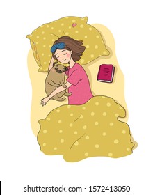 Sleeping beautiful young girl and a cute pug. Cartoon woman and cute puppy Pillow and blanket.  Vector illustration.