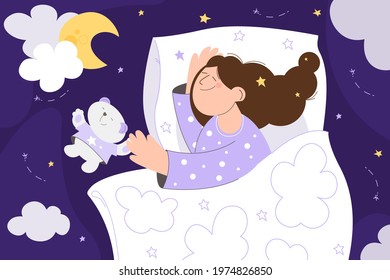 Sleeping beautiful young girl and a cute teddy bear. Pillow and blanket. Peaceful dream and relax. Concept illustration for a good night's sleep. Vector image
