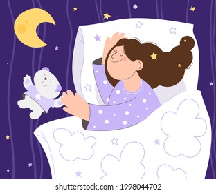 Durmiendo hermosa joven y un lindo oso de peluche. Soñar y relajarse en paz. Buenas noches de sueño. Imagen del vector