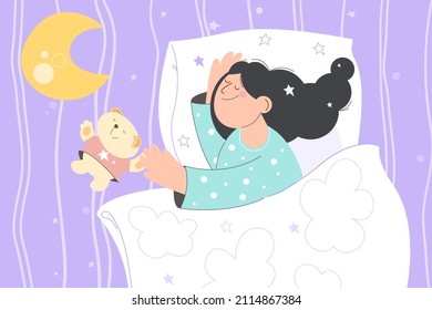 Sleeping beautiful young girl and a cute teddy bear. Peaceful dream and relax. Good night's sleep. Vector image