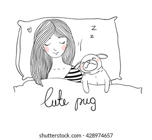 Sleeping beautiful young girl and a cute pug.Pillow and blanket. Pets. Hand drawing isolated objects on white background. Vector illustration. Coloring book. 