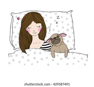 Sleeping beautiful young girl and a cute pug.Pillow and blanket. Pets. Hand drawing isolated objects on white background. Vector illustration.