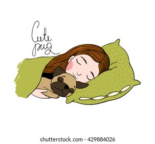 Sleeping beautiful young girl and a cute pug.Pillow and blanket. Pets. Hand drawing isolated objects on white background. Vector illustration.