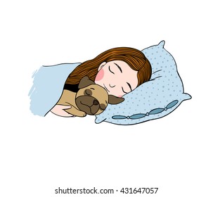 Sleeping beautiful young girl and a cute pug. Pillow and blanket. Hand drawing isolated objects on white background. Vector illustration.
