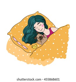Sleeping beautiful young girl and a cute pug.Pillow and blanket. Pets. Hand drawing isolated objects on white background. Vector illustration.
