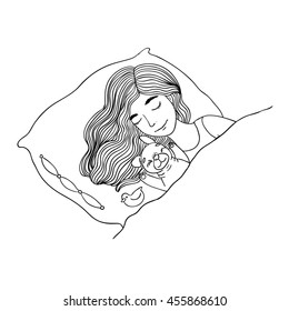 Sleeping beautiful young girl and a cute pug.Pillow and blanket. Pets. Hand drawing isolated objects on white background. Vector illustration.