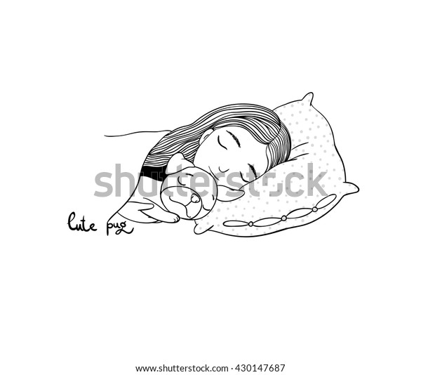 眠れる美しい若い女の子とかわいいパグ 枕と毛布 ペット 白い背景に手描きのオブジェクト ベクターイラスト 塗り絵 のベクター画像素材 ロイヤリティ フリー
