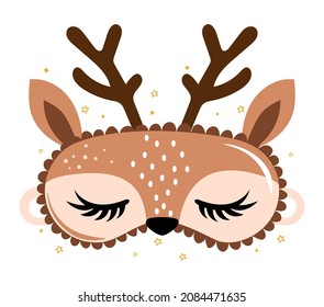 Sleeping beauty eye mask with reindeer face - funny hand drawn doodle, seamless pattern. sleeping mask, stars, hearts. Cartoon background, texture for bedsheets, pajamas.