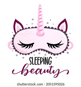 Sleeping Beauty! - funny hand drawn doodle. sleeping mask, stars, hearts. Cartoon background, texture for bedsheets, pajamas. Adorable Unicorn pony sleeping mask with long lashes.