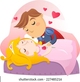 Sleeping beauty with her prince about to kiss.