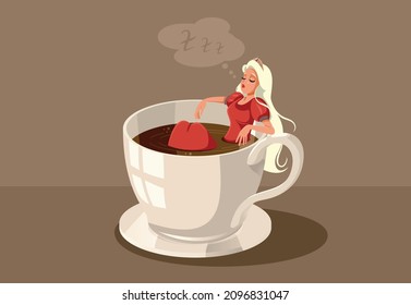 
Sleeping Beauty Sitting in a Cup of Coffee Vector Cartoon Illustration. Beautiful young princess snoring resting in a cappuccino drink
