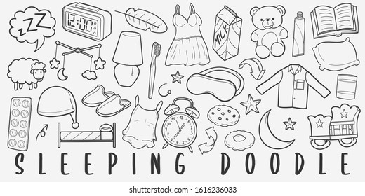 Sleeping Bed Doodle Line Art Illustration. Hand Drawn Vector Clip Art. Banner Set Logos.