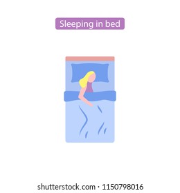 Sleeping in bed icon flat style design. symbols of person bedtime vector illustration. Isolated on white background