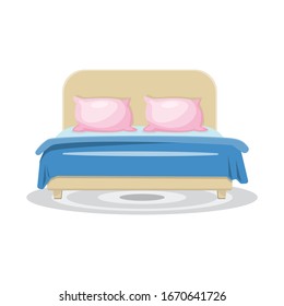Sleeping bed with pink pillows and blue blanket, with grey rug. Vector illustration