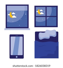 sleeping bed smartphone and windows with moons design, insomnia sleep and night theme Vector illustration