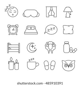 Sleeping Bed Time Rest Thin Line Outline Vector Icons. Dream And Bedtime, Sheep And Mask For Sleep Illustration