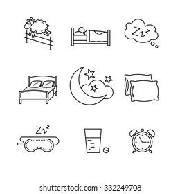 Sleeping, Bedtime Rest And Bed Thin Line Art Icons Set. Modern Black Style Symbols Isolated On White For Infographics Or Web Use.