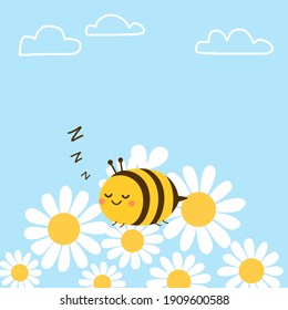 Abeja durmiente con flor de margarita en la ilustración vectorial del fondo del cielo azul.