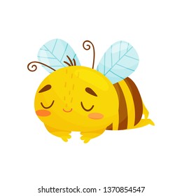 Sleeping bee. Humanized bee sleeping sweetly. Vector illustration on white background. Cartoon style.