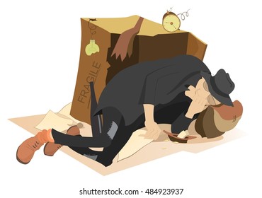 Sleeping beggar. Hungry and chilled man sleeps near a cardboard box and a plate with small change in
