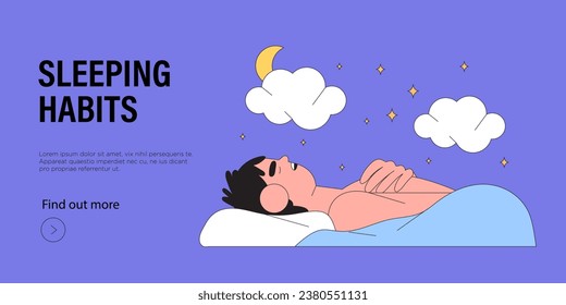 Sleeping behavior. Modern flat vector illustration. Man sleeping in his bad on a pillow at night. Benefits of good sleeping habit, eight hours normal healthy sleep. People activities concept.