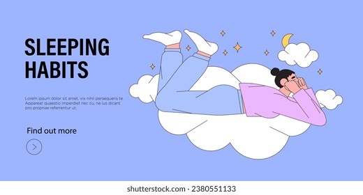 Comportamiento durmiente. Ilustración vectorial plana moderna. Mujer durmiendo en una nube por la noche. Beneficios de un buen hábito de dormir, ocho horas de sueño normal saludable. El concepto de actividades de la gente.