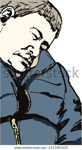 Спящий крупный мужчина в наушниках. Портрет, линейный вектор. Рисунок художника #iThyx