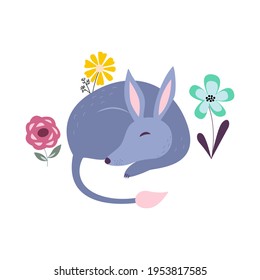 Sleeping bilby in flowers cartoon vector illustration. Australian cute marsupial animal. Easter aussie nature bunny bandicoot. Funny kids icon