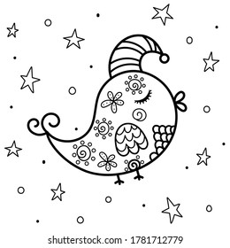 Sleeping bird at night coloring page. Sweet dreams black and white card. Outline fantasy background. Vector illustration