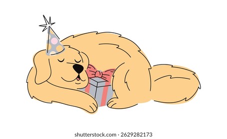 Sleeping birthday dog holding gift