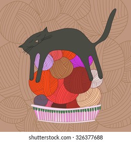 Sleeping Black Cat On The Yarn. Vector Illustration