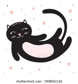 sleeping black cat with stars isolated on white background, vector illustration