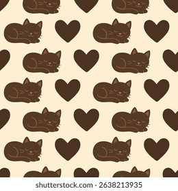 Sleeping Black Cats and Hearts Pattern