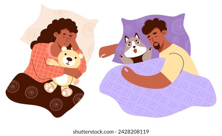 Sleeping black people. Ethnic man with plush dog and girl with bear teddy toy. Time relax. Isolated cute characters in flat style. Vector illustration